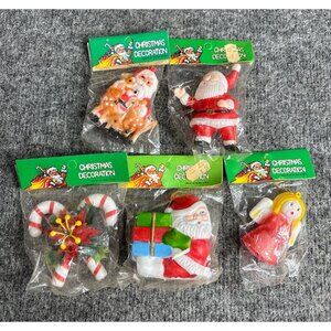 Vtg 1970s Christmas Decorations Set Of 5 Santa Reindeer Angel Candy Cane